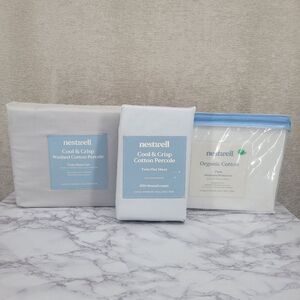 Nestwell Cotton Percale Twin Sheet Set and Mattress Protector Dorm Room Bundle